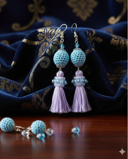 Háčkované dizajnové náušnice "Divoká Fialka"